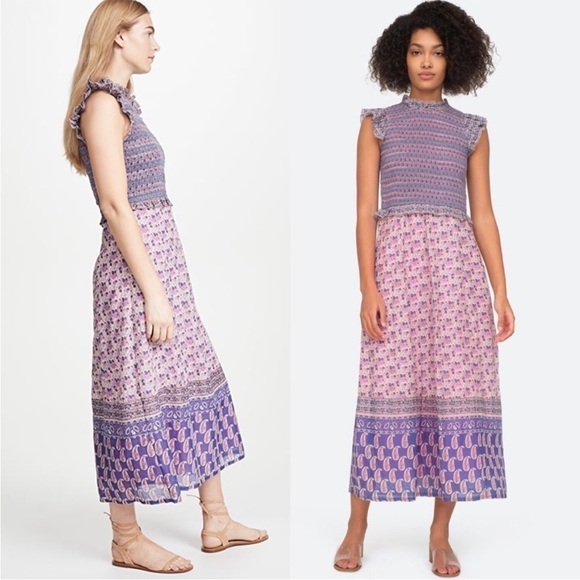 SEA NY Lilac Floral Paisley Stripe Smocked Ruffle Trim Flutter Sleeve Dress 2 - Picture 9 of 14